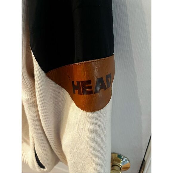 Vintage Head Sportswear Cream Wool Snap Neck Leather Patch Sweater sz XL - Picture 5 of 7
